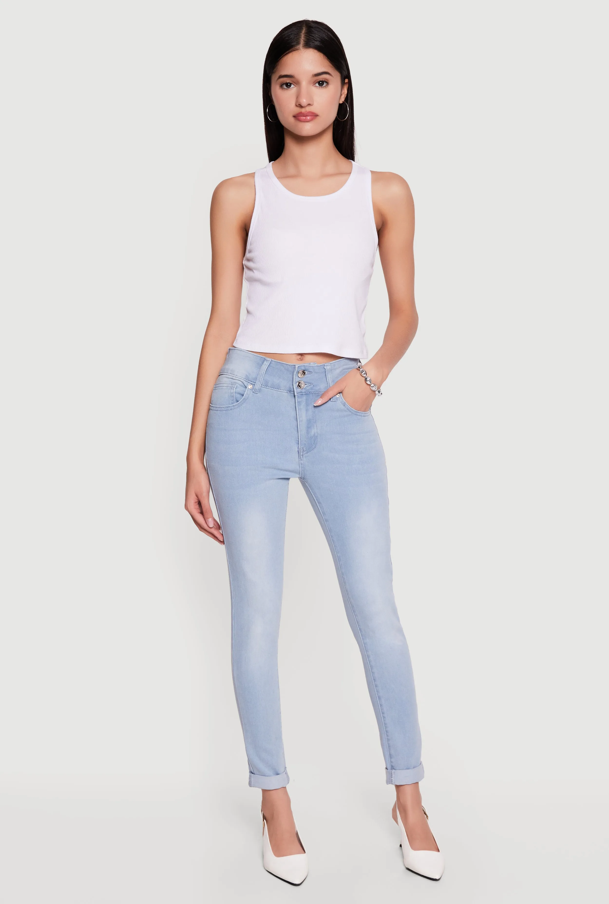 Two Button Rolled Cuff Skinny Jeans sold by Rainbow