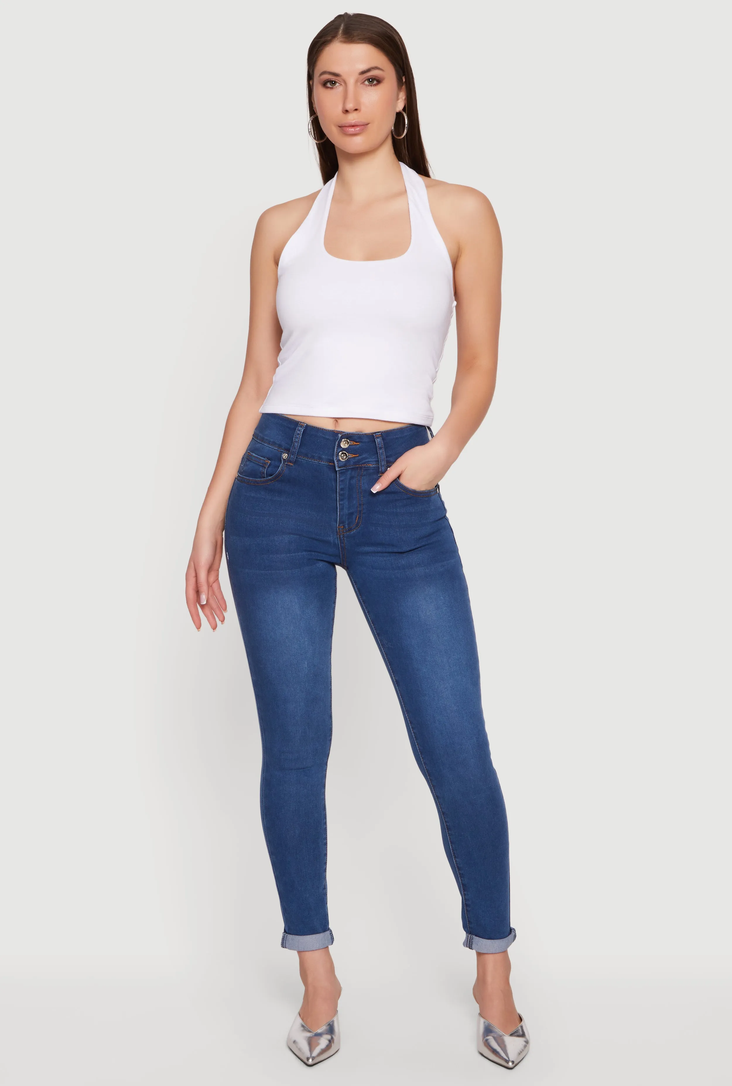 Two Button Rolled Cuff Skinny Jeans sold by Rainbow