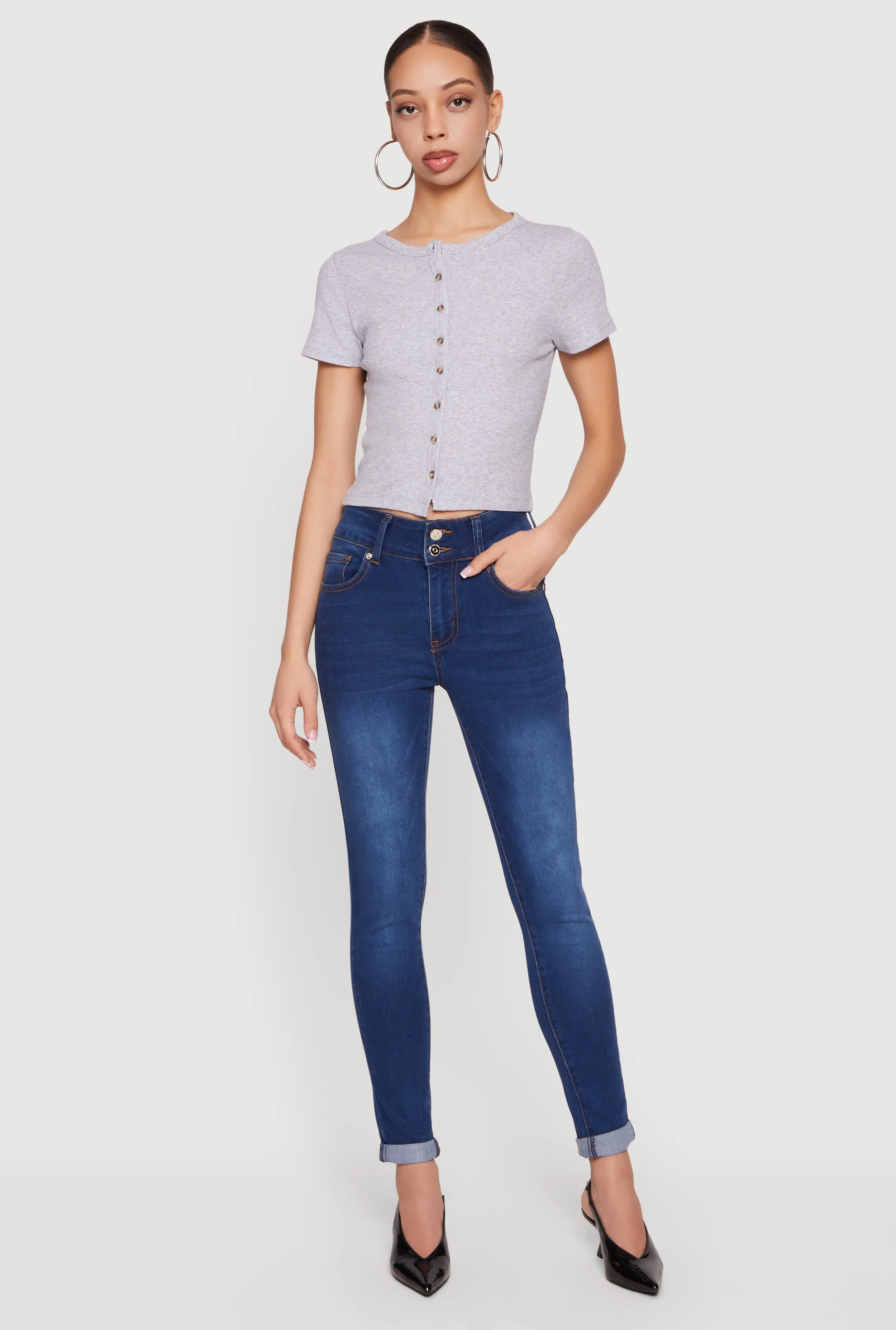 Two Button Rolled Cuff Skinny Jeans sold by Rainbow