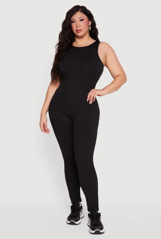 Plus Size Sleeveless Crew Neck Catsuit sold by Rainbow