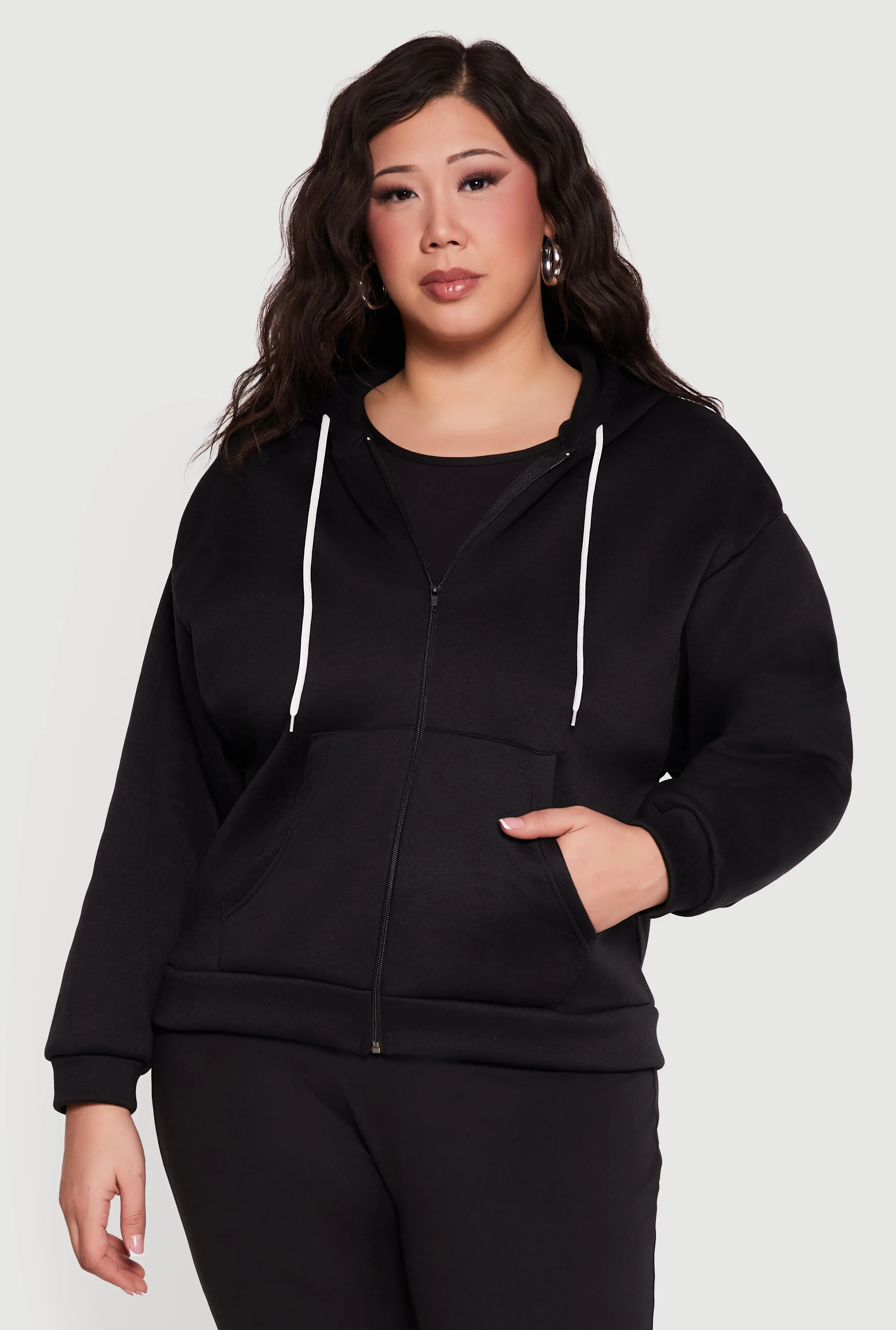 Plus Size Drop Shoulder Zip Front Hooded Sweatshirt sold by Rainbow