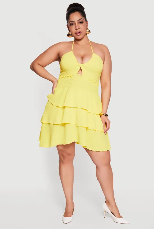 Plus Size Smocked Tiered Ruffle Halter Neck Mini Dress made by Rainbow