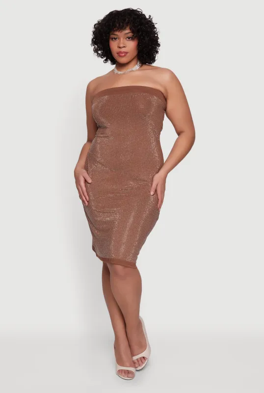 Plus Size Rhinestone Studded Tube Midi Dress made by Rainbow