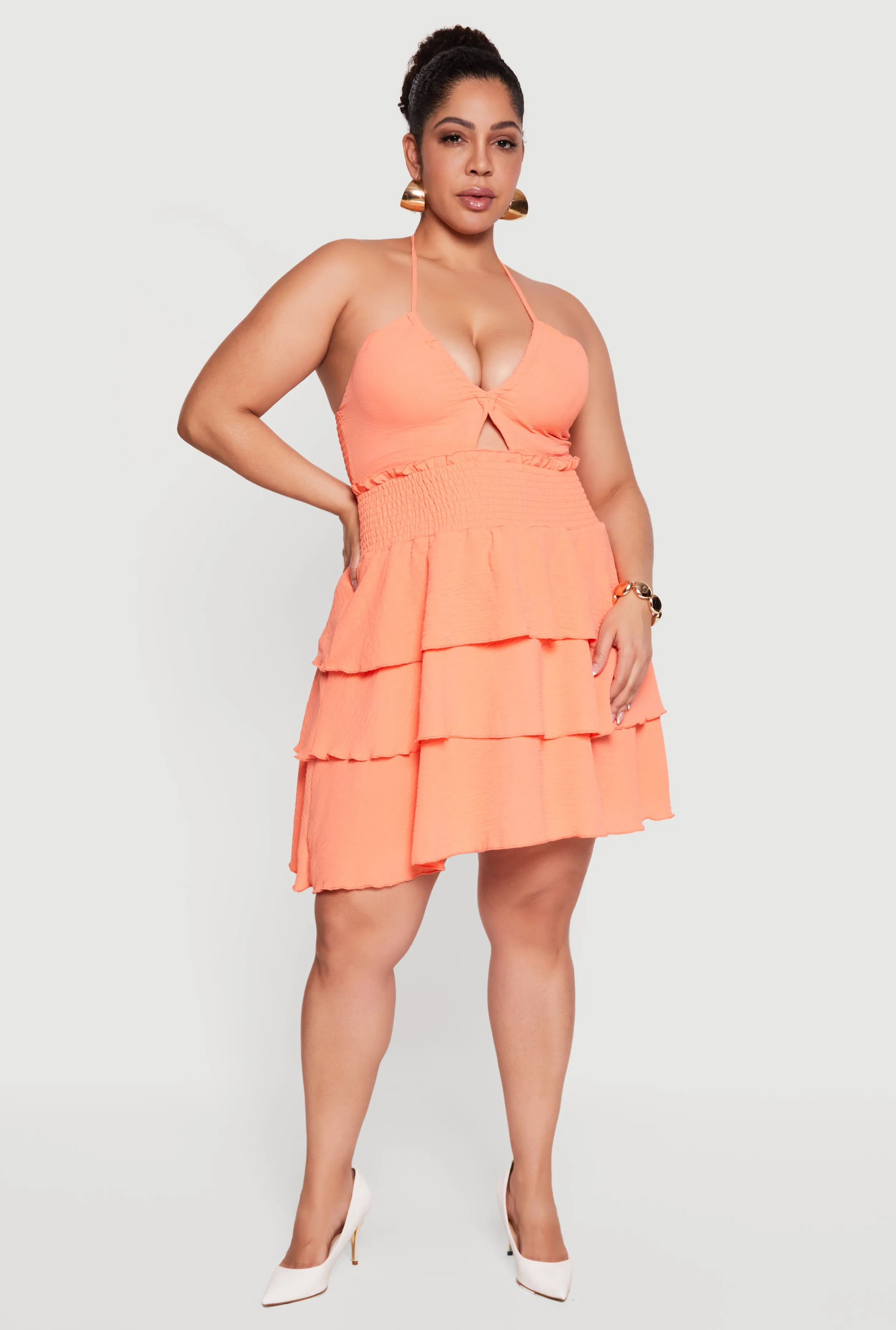 Plus Size Smocked Tiered Ruffle Halter Neck Mini Dress sold by Rainbow