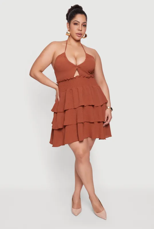 Plus Size Smocked Tiered Ruffle Halter Neck Mini Dress sold by Rainbow
