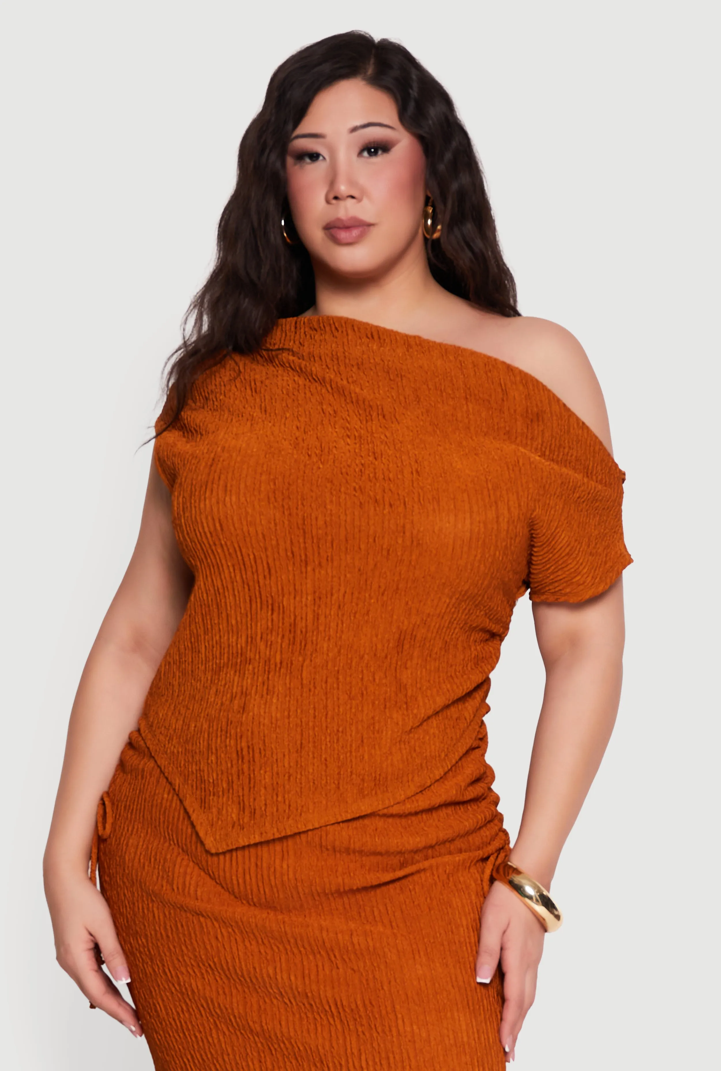 Plus Size Textured Knit Handkerchief Hem One Shoulder Top sold by Rainbow