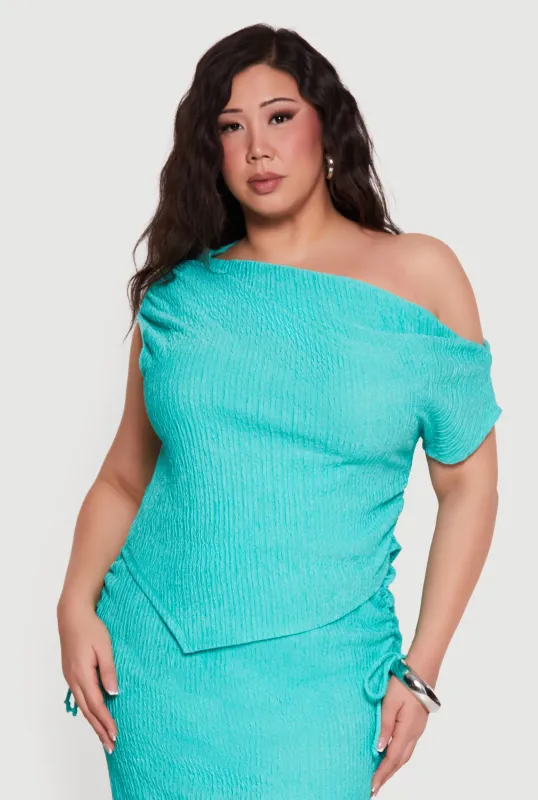Plus Size Textured Knit Handkerchief Hem One Shoulder Top made by Rainbow