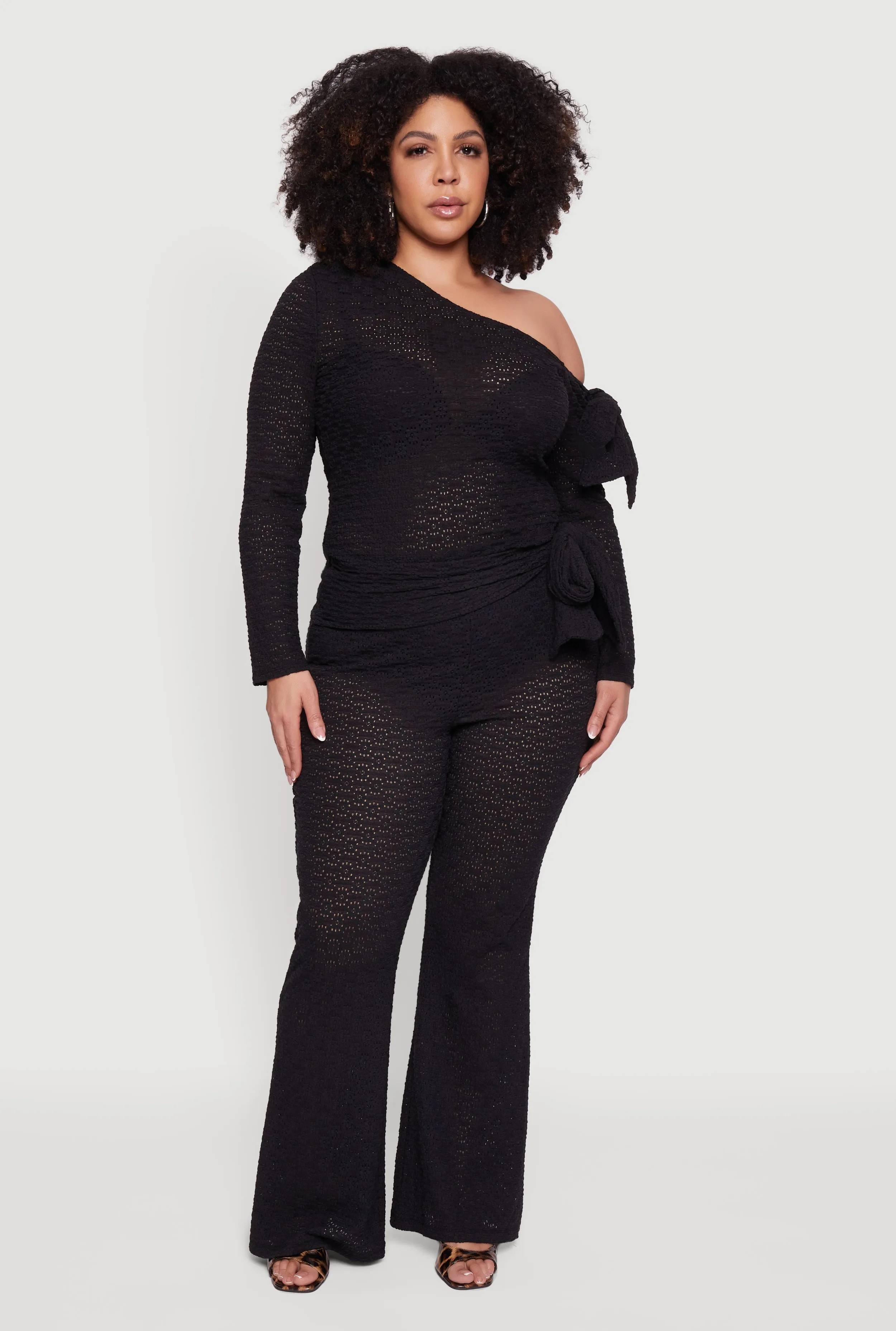 Plus Size High Waisted Side Tie Flare Pants sold by Rainbow