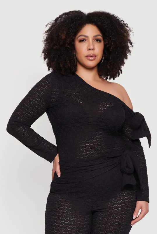 Plus Size Side Tie Long Sleeve One Shoulder Top made by Rainbow