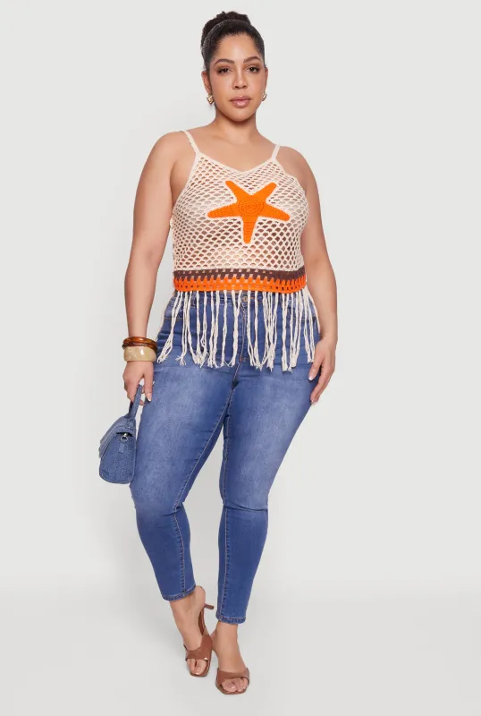 Plus Size Crochet Starfish Graphic Fringe Top sold by Rainbow