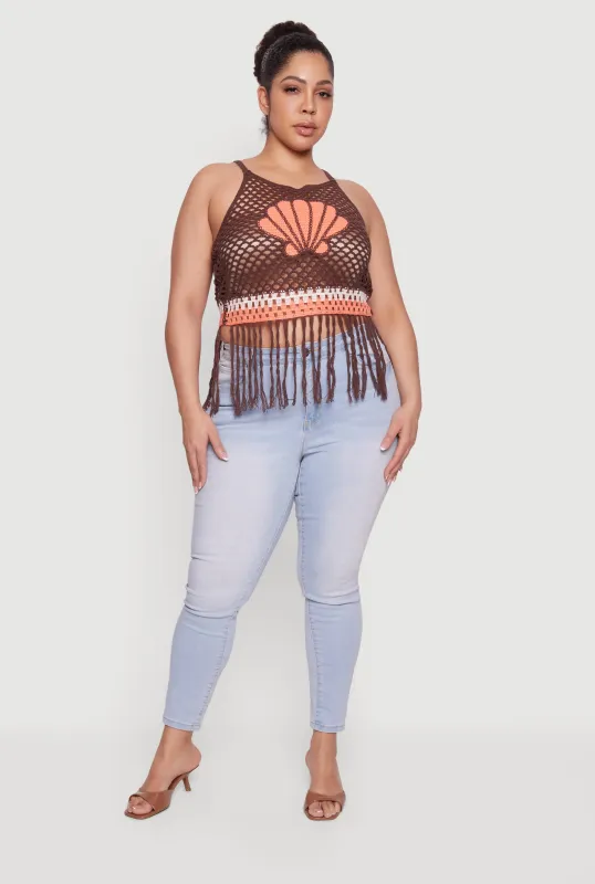 Plus Size Shell Graphic Fringe Hem Crochet Top sold by Rainbow