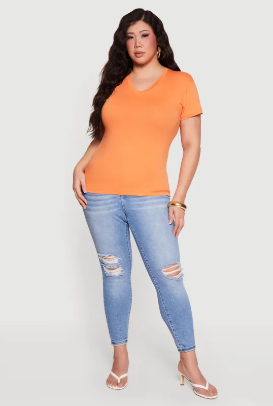 Plus Size Basic V-Neck Short Sleeve T-Shirt sold by Rainbow