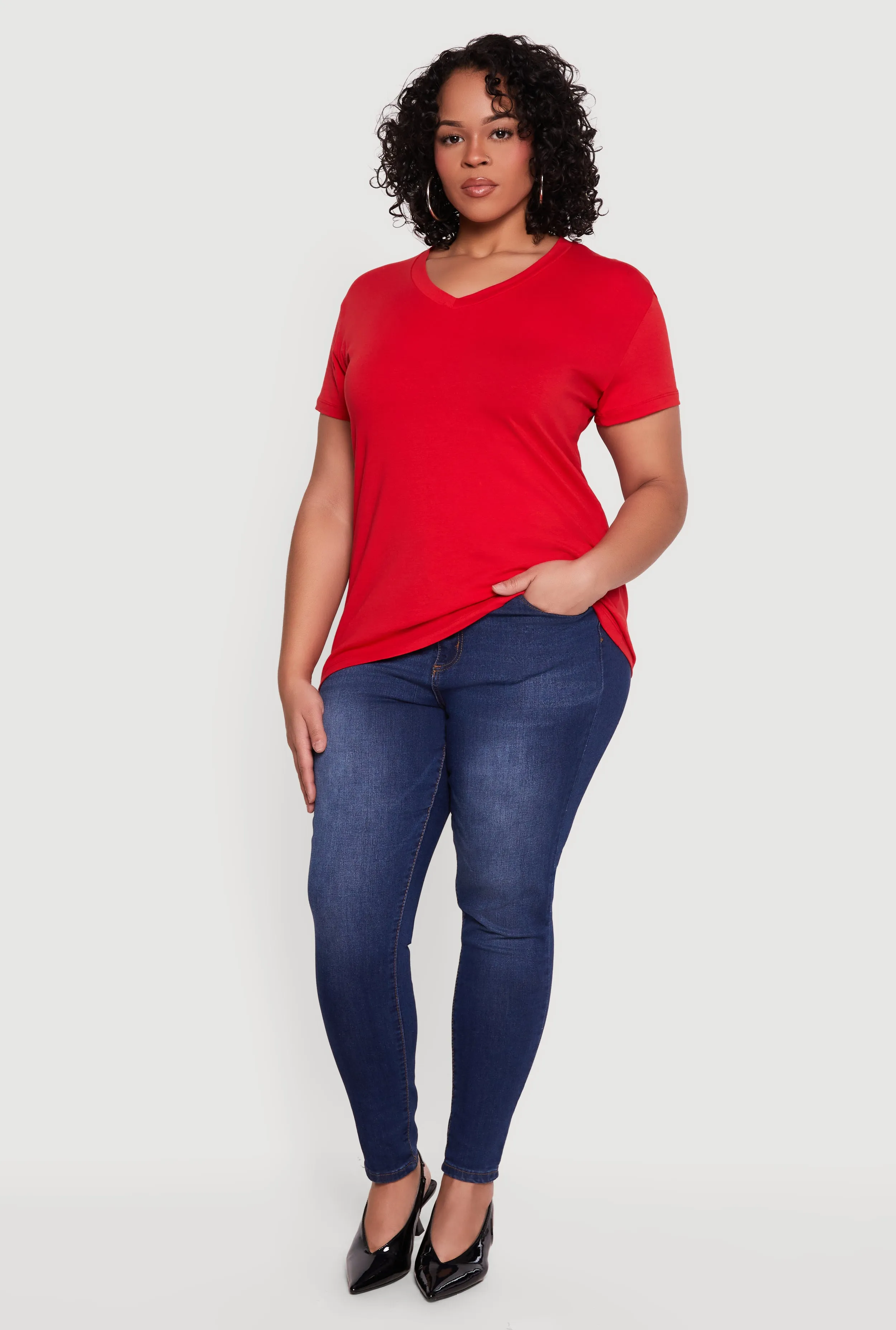 Plus Size Basic V-Neck Short Sleeve T-Shirt sold by Rainbow