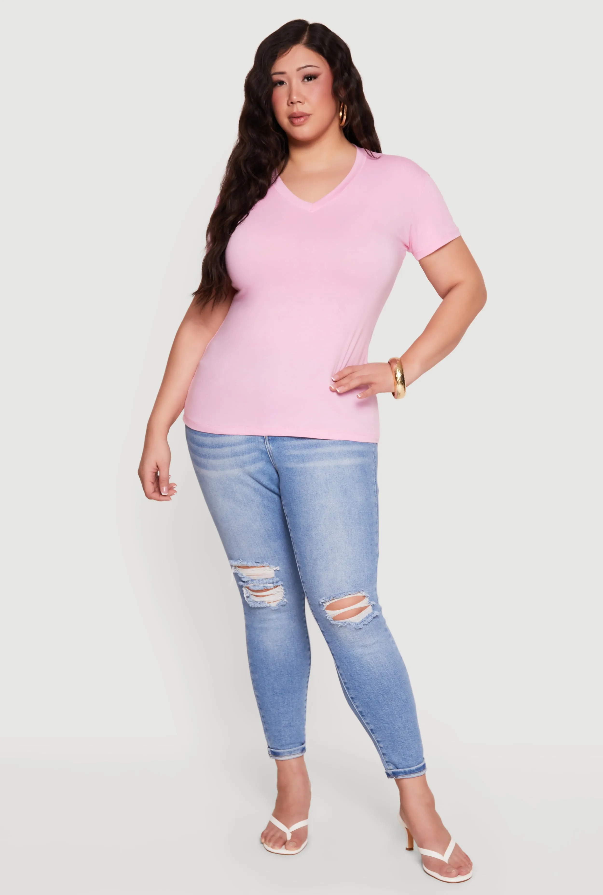 Plus Size Basic V-Neck Short Sleeve T-Shirt sold by Rainbow