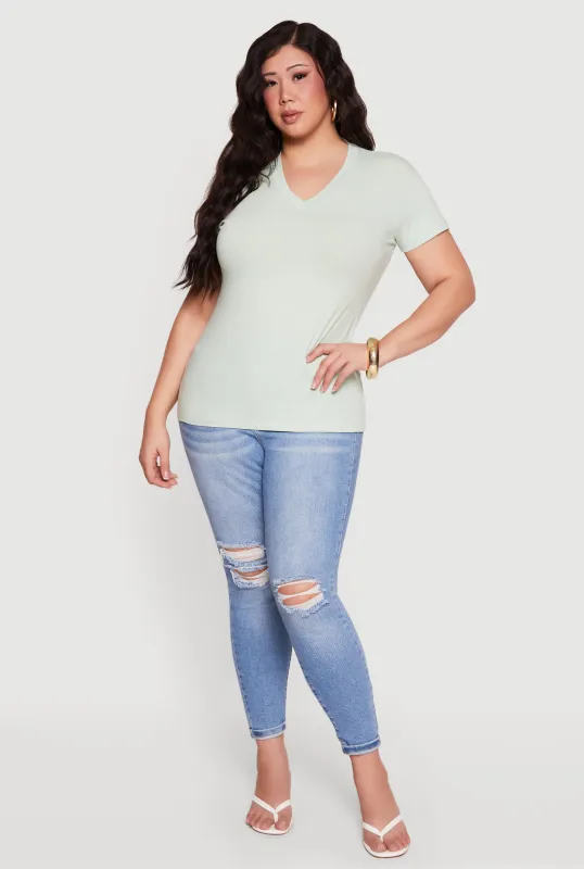 Plus Size Basic V-Neck Short Sleeve T-Shirt sold by Rainbow