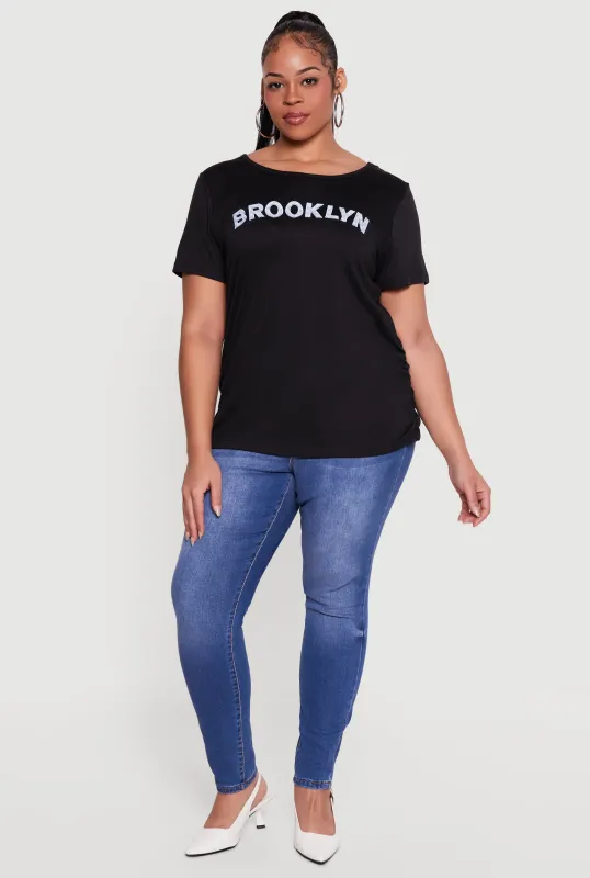Plus Size Gingham Detail Brooklyn Graphic Tee made by Rainbow