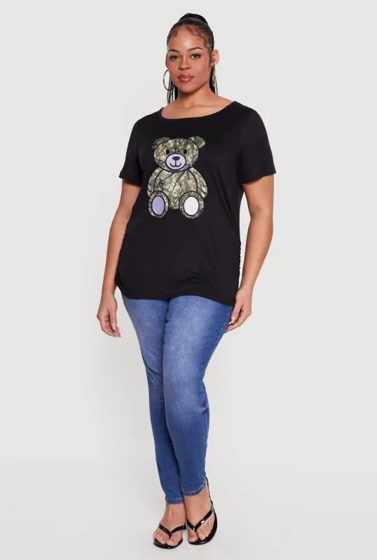 Plus Size Camo Teddy Bear Patch Graphic Tee made by Rainbow