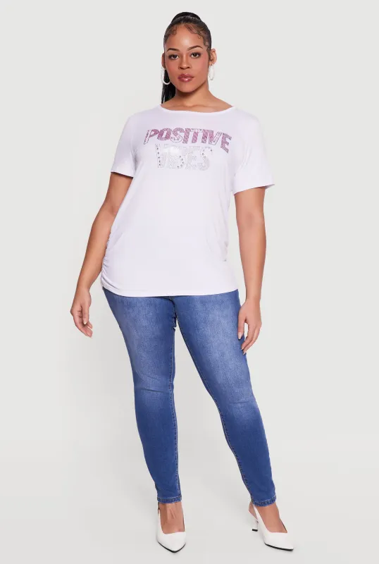 Plus Size Positive Vibes Rhinestone Studded Tee sold by Rainbow