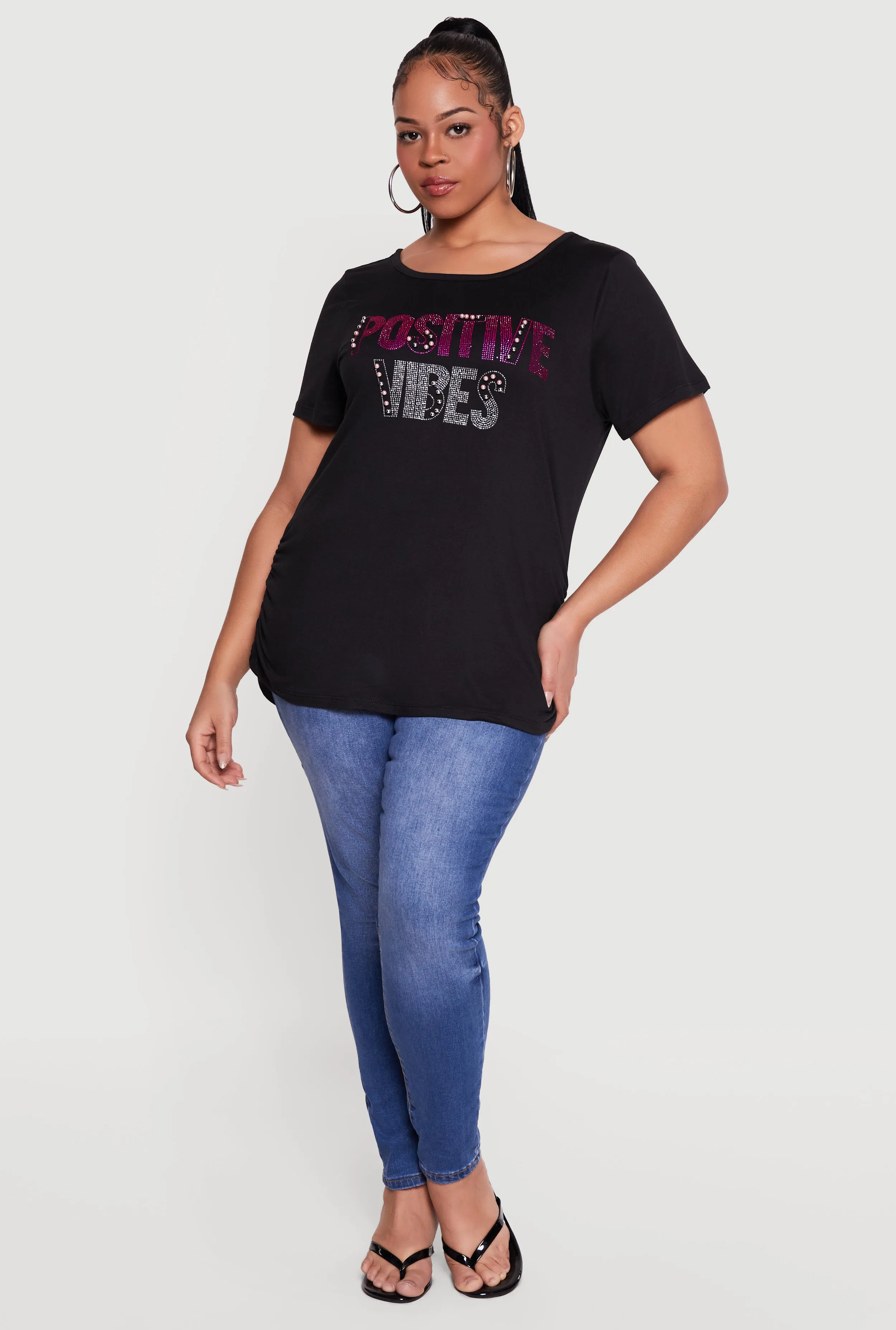 Plus Size Positive Vibes Rhinestone Studded Tee sold by Rainbow