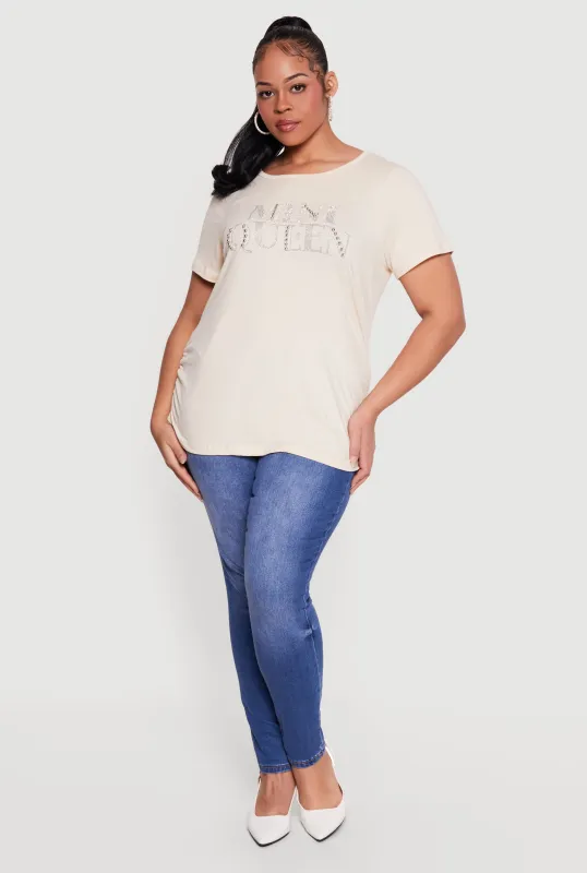 Plus Size Mini Queen Rhinestone Studded Tee sold by Rainbow