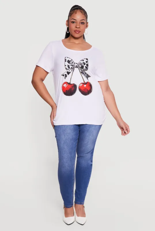 Plus Size Cherry Bow Rhinestone Graphic Tee made by Rainbow