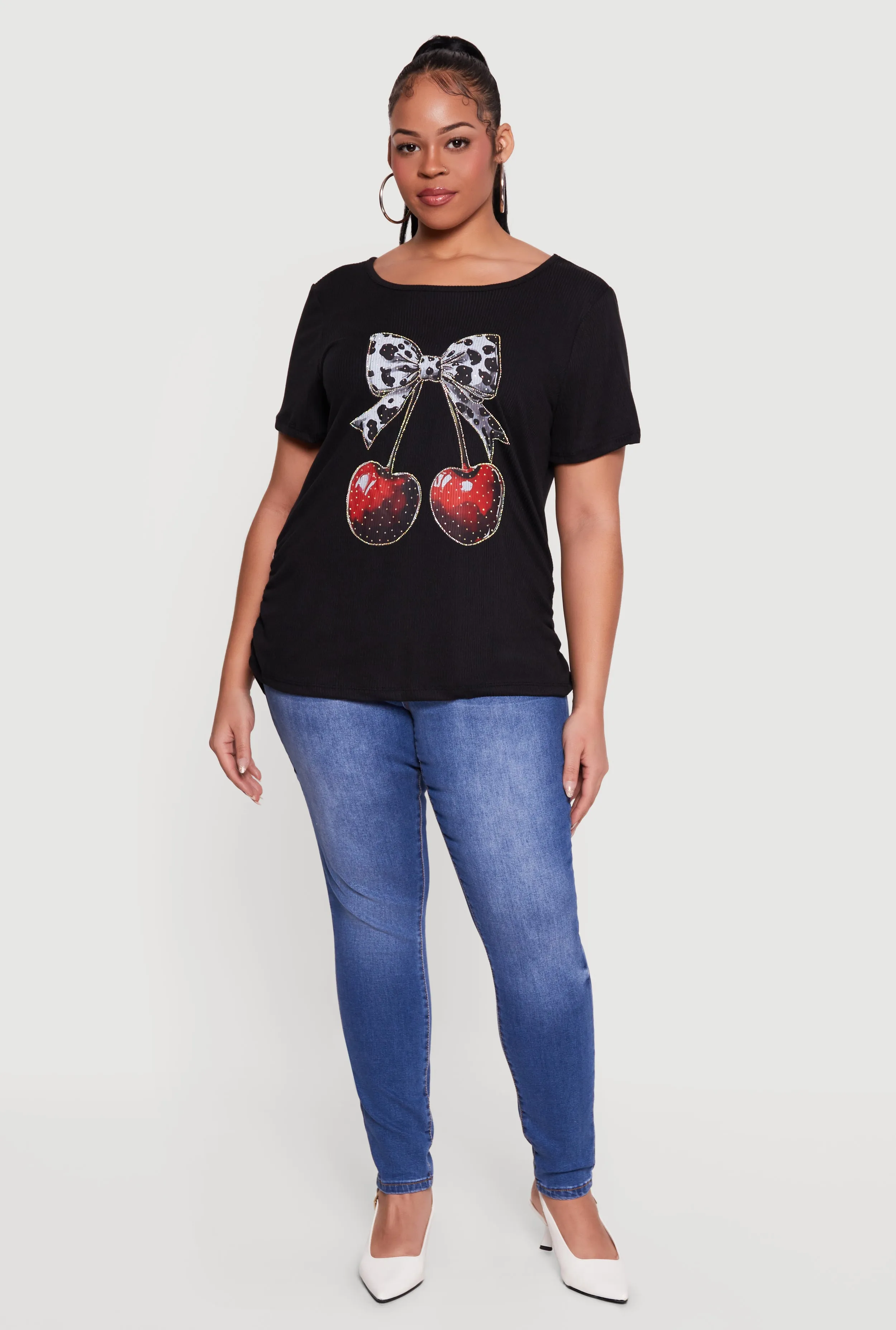 Plus Size Cherry Bow Rhinestone Graphic Tee sold by Rainbow