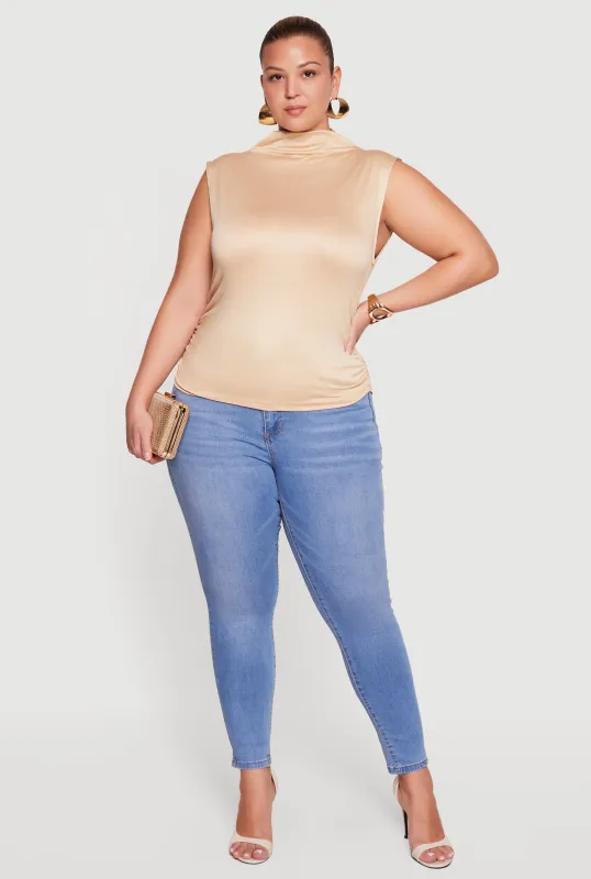 Plus Size Ruched Mock Neck Sleeveless Top sold by Rainbow