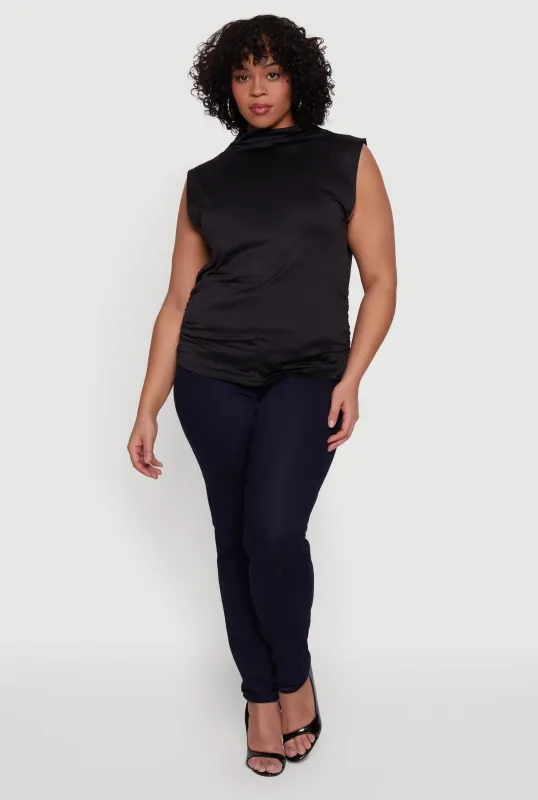 Plus Size Ruched Mock Neck Sleeveless Top sold by Rainbow