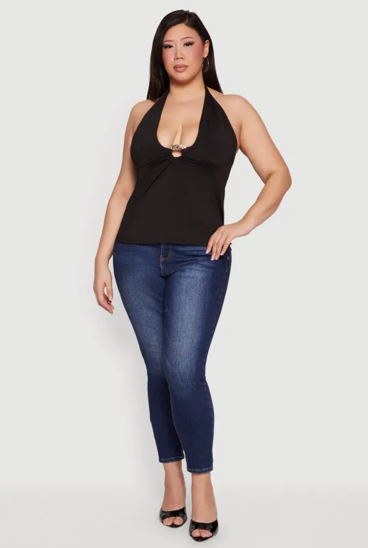 Plus Size Metallic O-Ring Keyhole Halter Top made by Rainbow