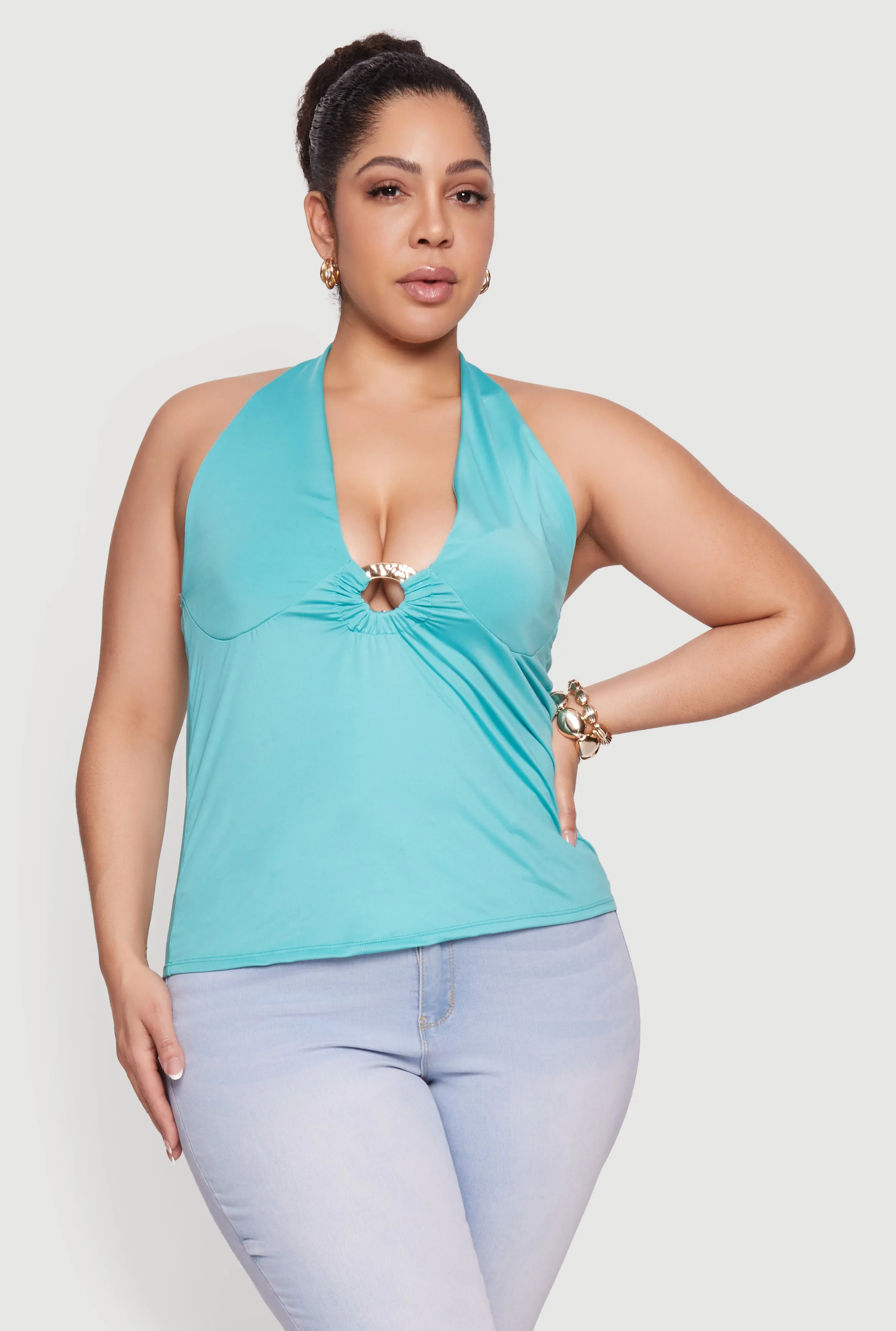 Plus Size Metallic O-Ring Keyhole Halter Top sold by Rainbow product image thumbnail 2