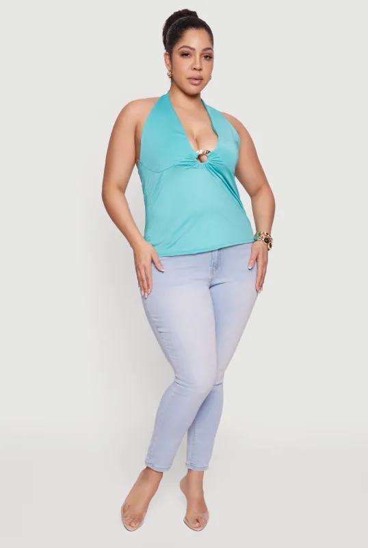 Plus Size Metallic O-Ring Keyhole Halter Top sold by Rainbow