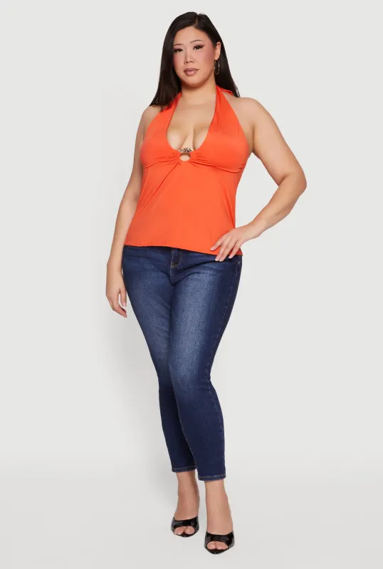 Plus Size Metallic O-Ring Keyhole Halter Top sold by Rainbow