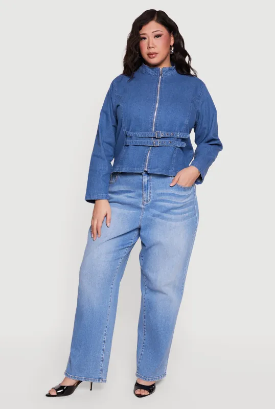 Plus Size Double Belt Detail Zip Front Moto Jacket sold by Rainbow