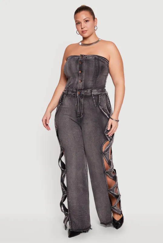 Plus Size Side Caged Cut Out Strapless Denim Jumpsuit sold by Rainbow