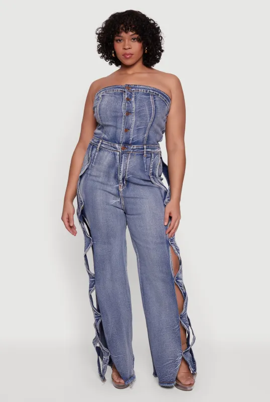 Plus Size Side Caged Cut Out Strapless Denim Jumpsuit made by Daisy