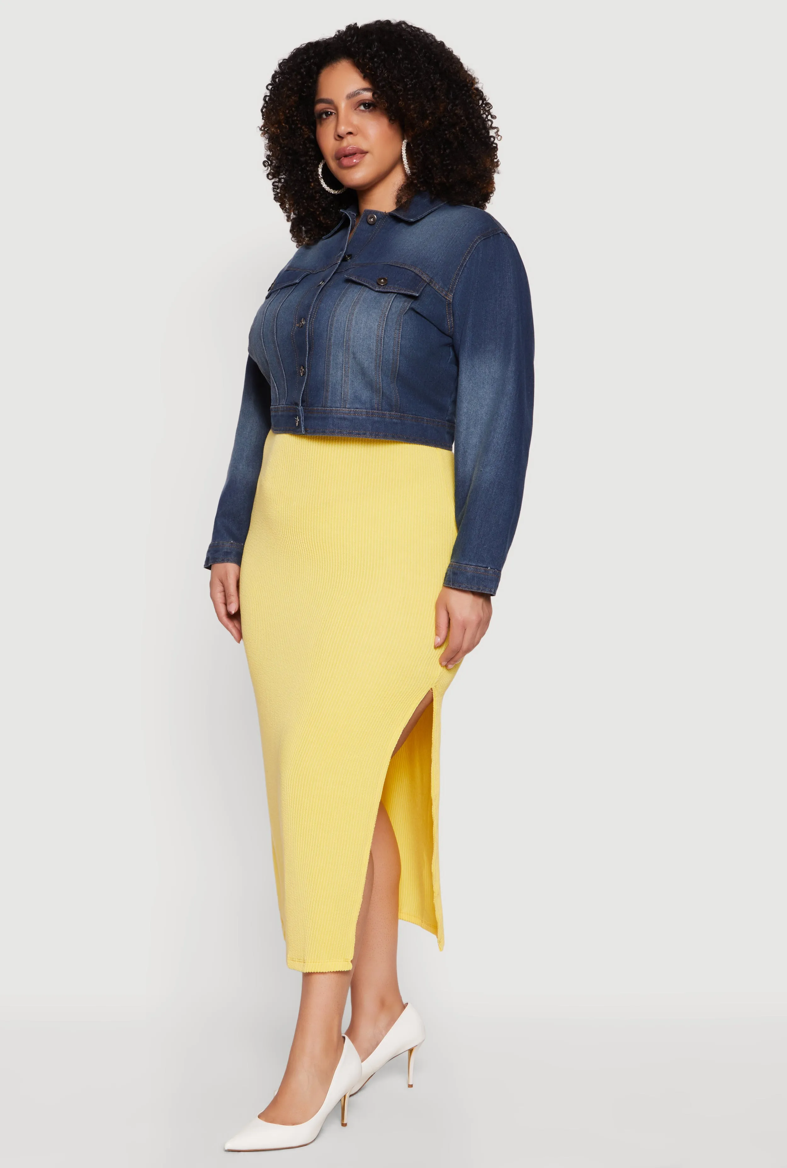 Plus Size Stone Wash Denim Cropped Button Front Jacket sold by Rainbow product image thumbnail 3