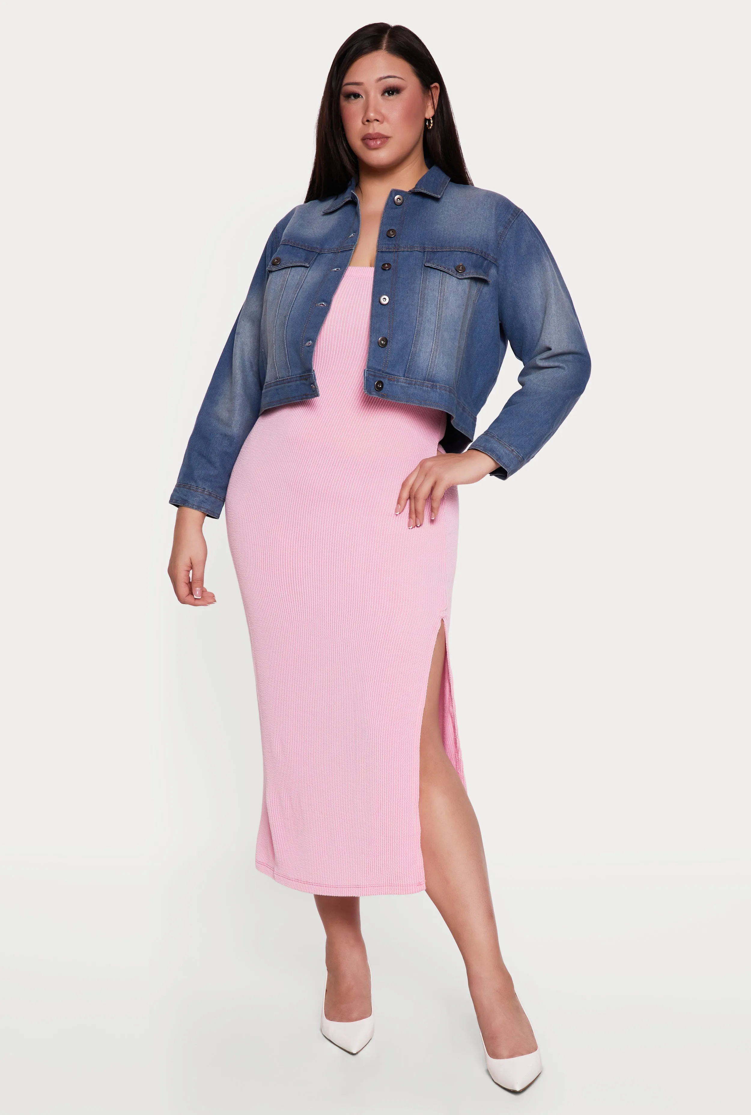 Plus Size Stone Wash Denim Cropped Button Front Jacket sold by Rainbow