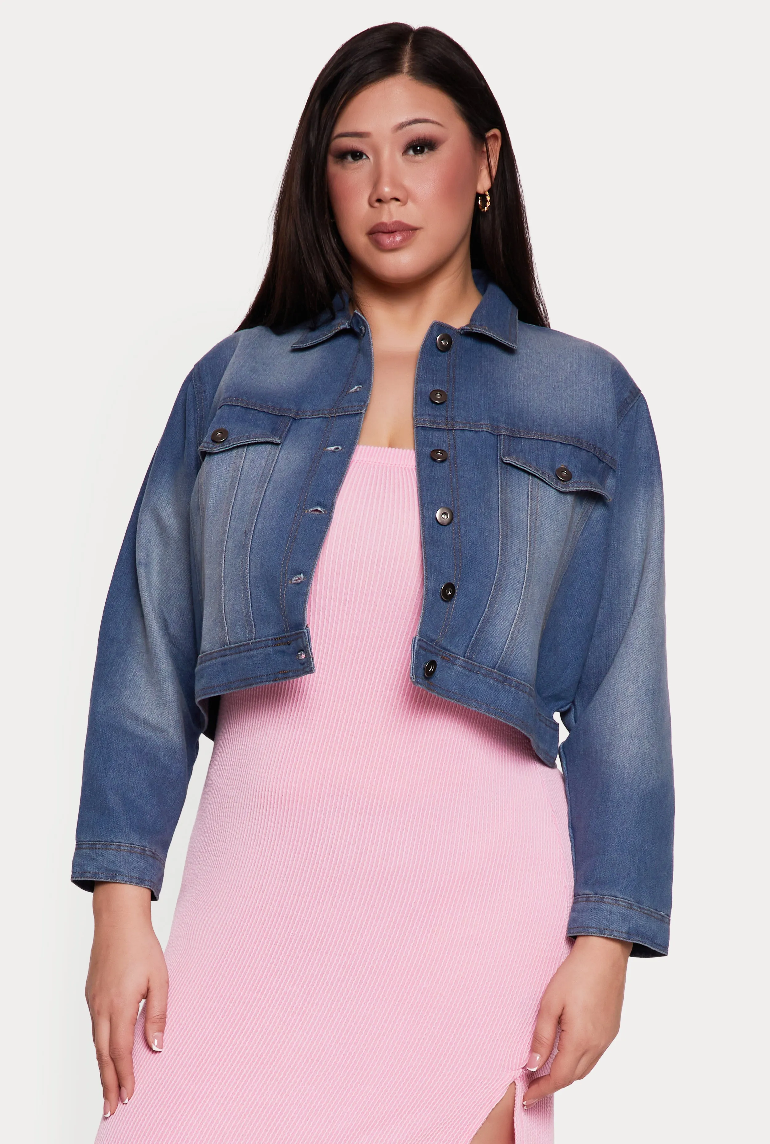 Plus Size Stone Wash Denim Cropped Button Front Jacket sold by Rainbow product image thumbnail 2