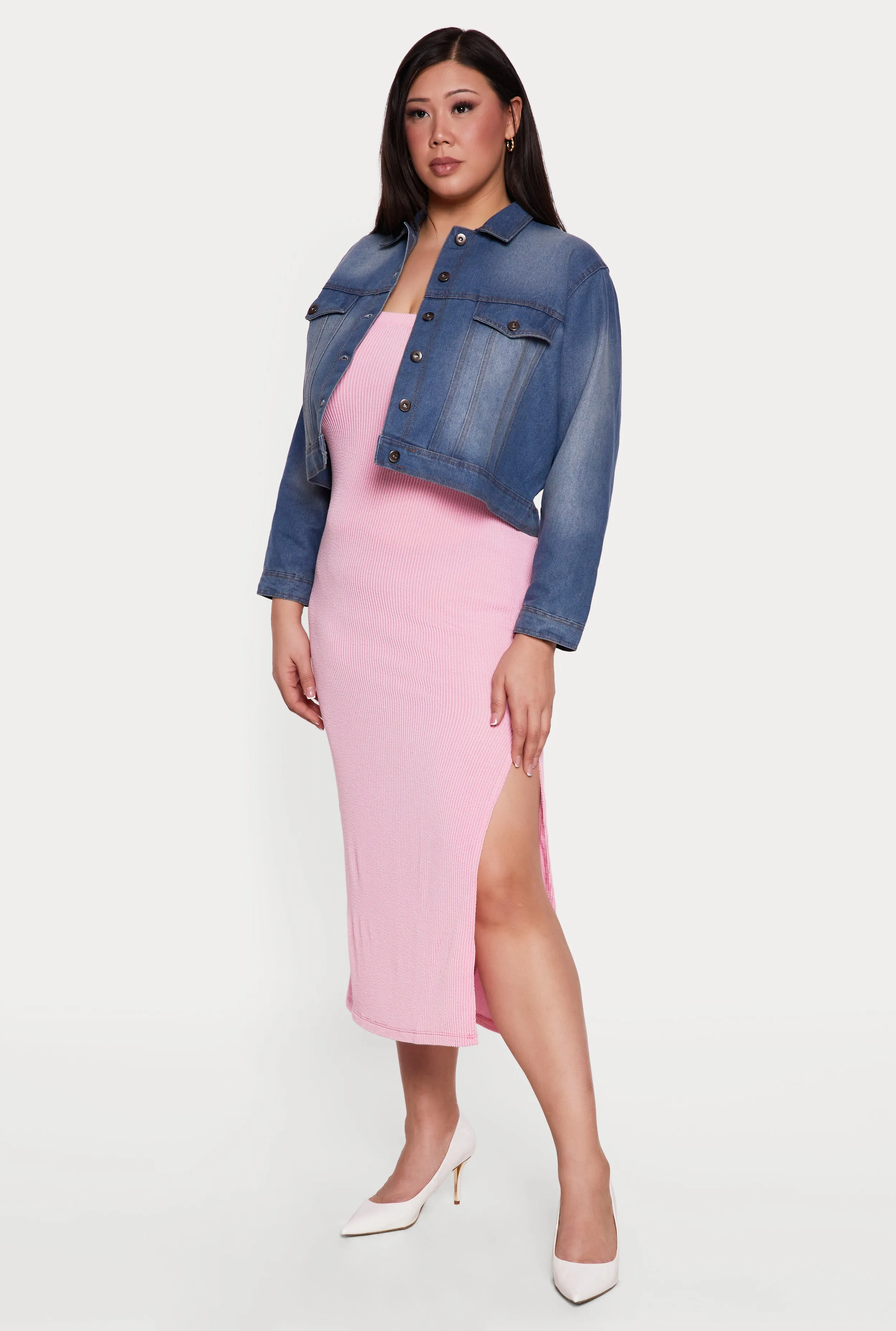 Plus Size Stone Wash Denim Cropped Button Front Jacket sold by Rainbow product image thumbnail 3