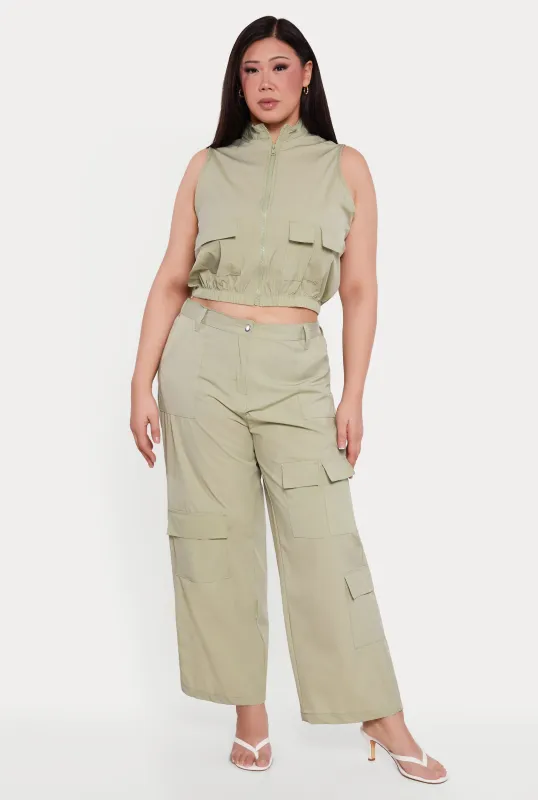 Plus Size Nylon High Waisted Wide Leg Utility Pants sold by Rainbow