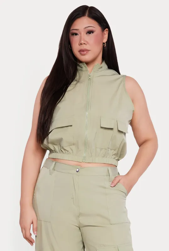 Plus Size Nylon Cropped Zip Front Windbreaker Vest made by Rainbow