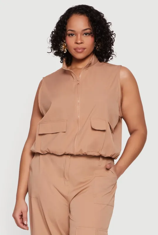 Plus Size Nylon Cropped Zip Front Windbreaker Vest made by Rainbow