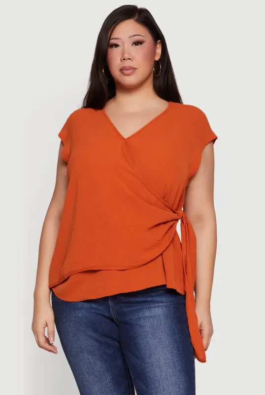 Plus Size Asymmetrical Tie Side Faux Wrap Top made by Rainbow