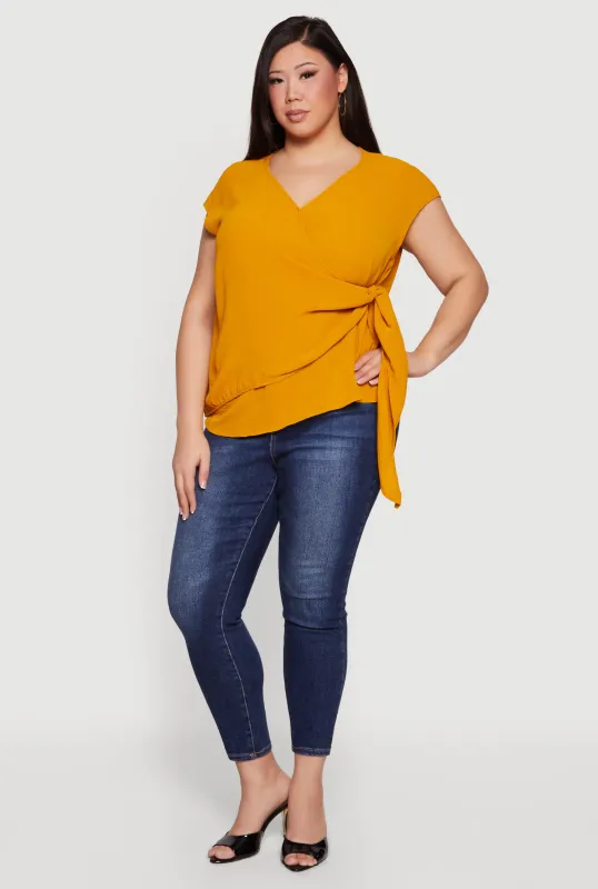 Plus Size Asymmetrical Tie Side Faux Wrap Top made by Rainbow
