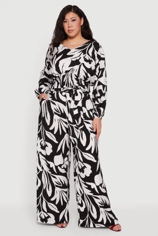 Plus Size Floral Print Tie Front Wide Leg Pants made by Rainbow