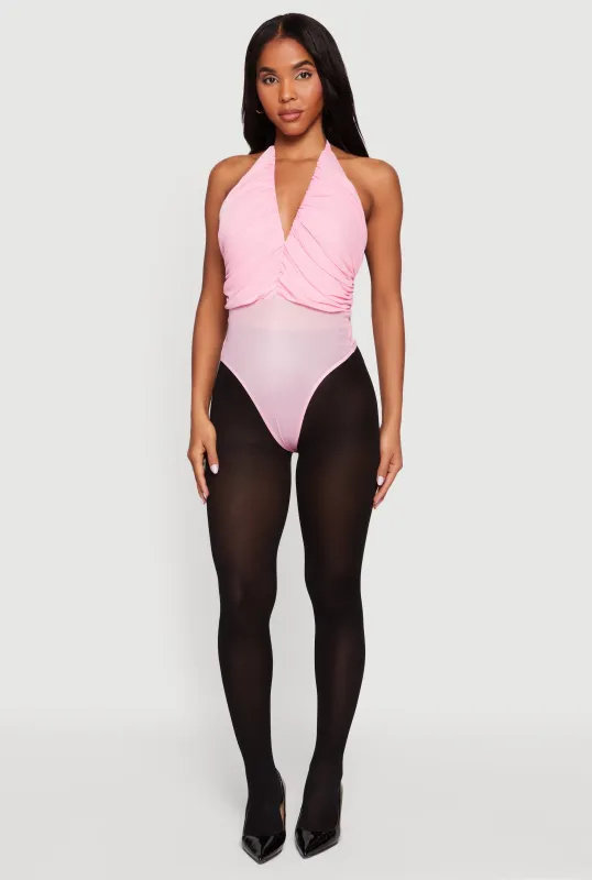 Metallic Detail Ruched Mesh Halter Bodysuit made by Rainbow