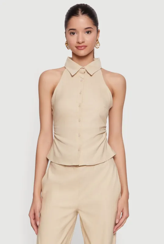 Side Ruched Button Front Collared Blouse made by iris