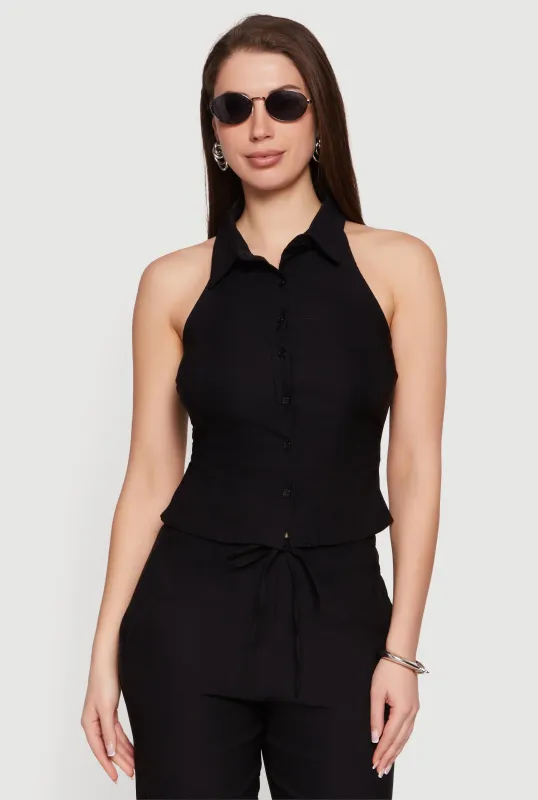 Side Ruched Button Front Collared Blouse made by iris