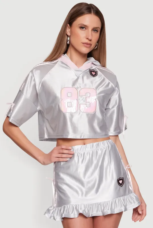 Hooded 83 Sequin Graphic Crop Top sold by Rainbow