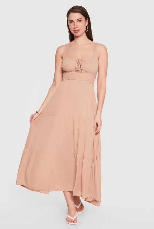 Gauze Knit Keyhole Detail Side Slit Tiered Midi Dress made by Rainbow